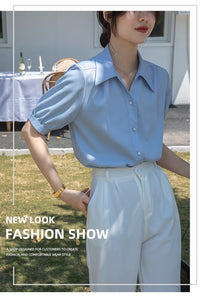Chiffon V-neck professional-looking interview loose puff-sleeve shirt