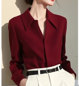 Fashion retro beautiful wine red lapel long sleeve shirt