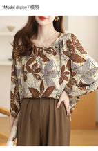 Load image into Gallery viewer, Floral round neck chiffon nine-quarter sleeve retro printed shirt
