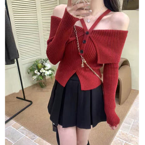 One-shoulder halterneck lapel short knitted long-sleeved top