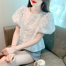 Load image into Gallery viewer, Puff Sleeve Embroidered Flower Lace Doll Shirt Short Sleeve Top
