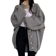 Load image into Gallery viewer, Casual V-neck single-breasted loose lantern sleeve knitted cardigan sweater
