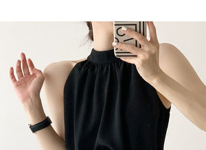 High Quality French Chiffon Shirt Halter Neck Off Shoulder Top