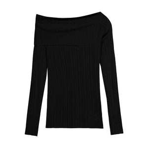 Hot girl one-shoulder long-sleeved knitted irregular slimming short top