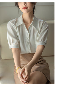 Chiffon V-neck professional-looking interview loose puff-sleeve shirt