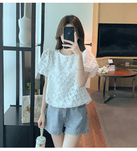 Load image into Gallery viewer, Puff Sleeve Embroidered Flower Lace Doll Shirt Short Sleeve Top
