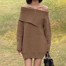 Load image into Gallery viewer, Loose, lazy and versatile one-shoulder mid-length sweater dress
