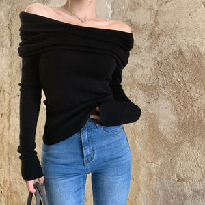 Off-shoulder long-sleeved soft style short tight knit sweater
