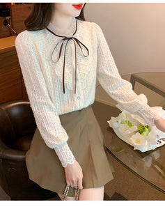 Korean style versatile bow-knot velvet thickened long-sleeved lace shirt