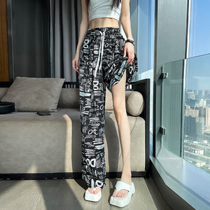 Printed wide-leg pants high waist straight leg mopping pants