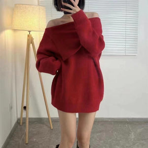 Loose, lazy and versatile one-shoulder mid-length sweater dress
