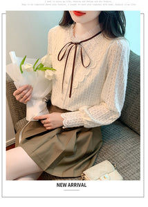 Korean style versatile bow-knot velvet thickened long-sleeved lace shirt