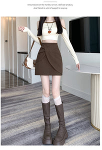 Pleated casual high-waisted hip-covering A-line skirt
