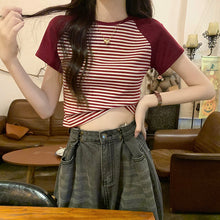 Load image into Gallery viewer, Retro Striped Raglan Cotton Sweet Girl Top
