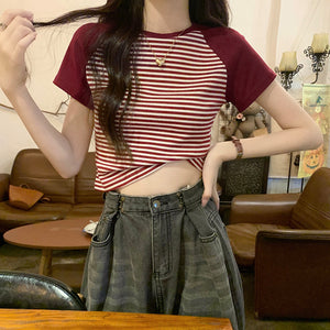Retro Striped Raglan Cotton Sweet Girl Top