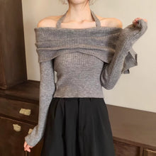 Load image into Gallery viewer, Halterneck knitted one-shoulder long-sleeved off-shoulder cropped sweater
