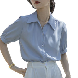 Chiffon V-neck professional-looking interview loose puff-sleeve shirt