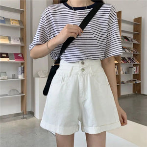 Super high waist slim fit wide leg A-line denim shorts