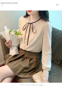 Korean style versatile bow-knot velvet thickened long-sleeved lace shirt