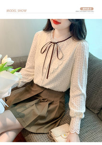 Korean style versatile bow-knot velvet thickened long-sleeved lace shirt