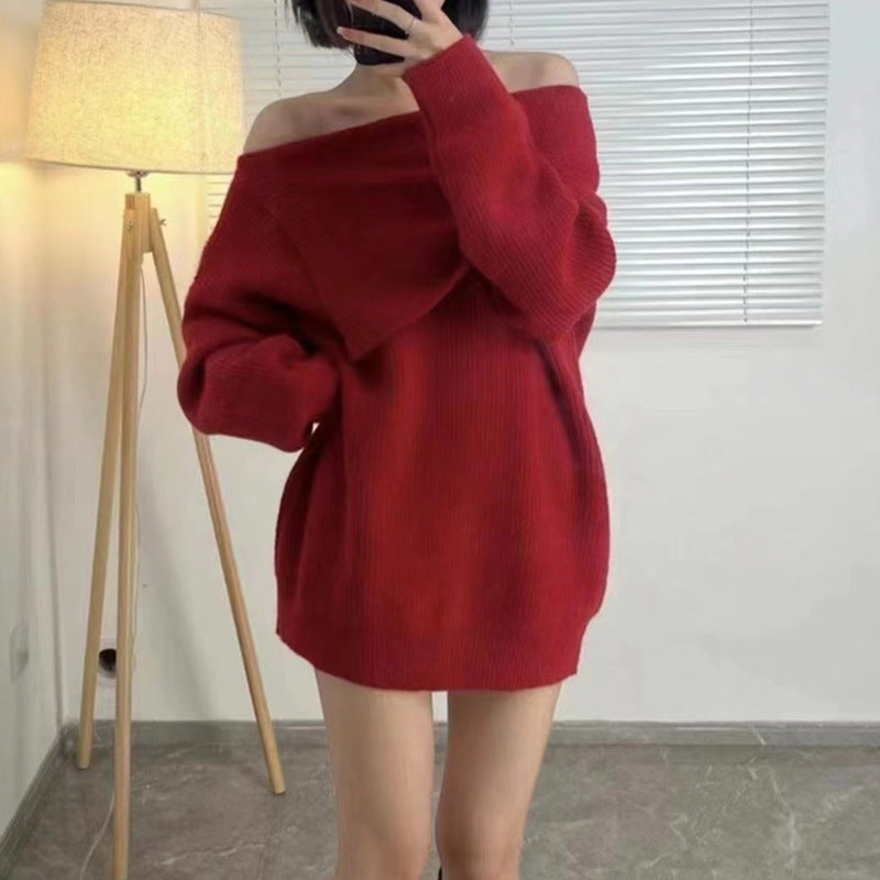 Loose, lazy and versatile one-shoulder mid-length sweater dress