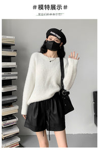 Washed leather A-line strap casual wide-leg shorts