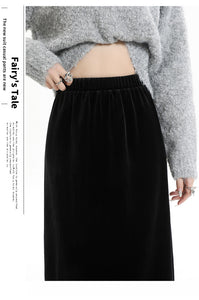 Velvet and furry autumn and winter style slit hip-hugging long skirt