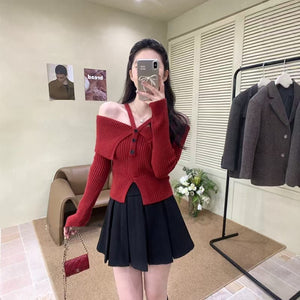 One-shoulder halterneck lapel short knitted long-sleeved top