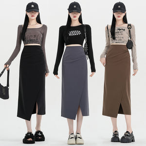 Autumn and winter niche irregular slit high-waisted hip-covering A-line skirt