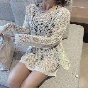 Hollow thin slouchy long-sleeved sun protection knitted blouse