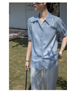 Chiffon V-neck professional-looking interview loose puff-sleeve shirt