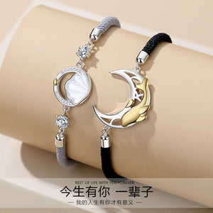 Shell Whale Moon Shape Pendant Braided Rope Couple Bracelet