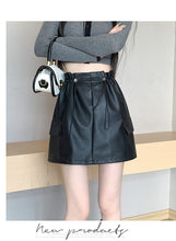 Load image into Gallery viewer, PU leather workwear drawstring high waist slim A-line skirt
