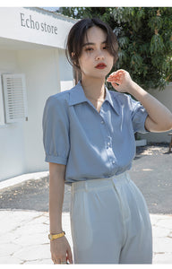Chiffon V-neck professional-looking interview loose puff-sleeve shirt