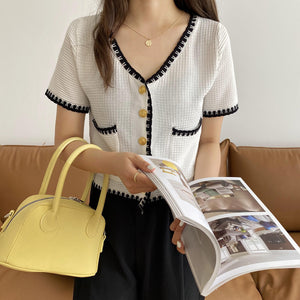 Knitted Cardigan Casual Front Button & Pocket V-Neck Short Sleeve