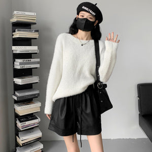 Washed leather A-line strap casual wide-leg shorts