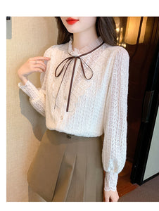 Korean style versatile bow-knot velvet thickened long-sleeved lace shirt