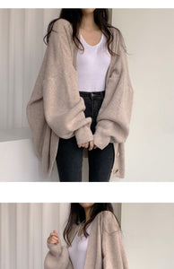 Casual V-neck single-breasted loose lantern sleeve knitted cardigan sweater