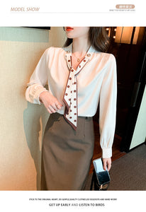 Spring and Autumn Slim Bow Lace Commuting Long Sleeve Shirt