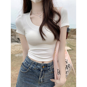 Solid color versatile right shoulder tight sweet and spicy short U-neck top