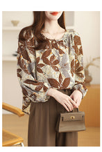 Load image into Gallery viewer, Floral round neck chiffon nine-quarter sleeve retro printed shirt
