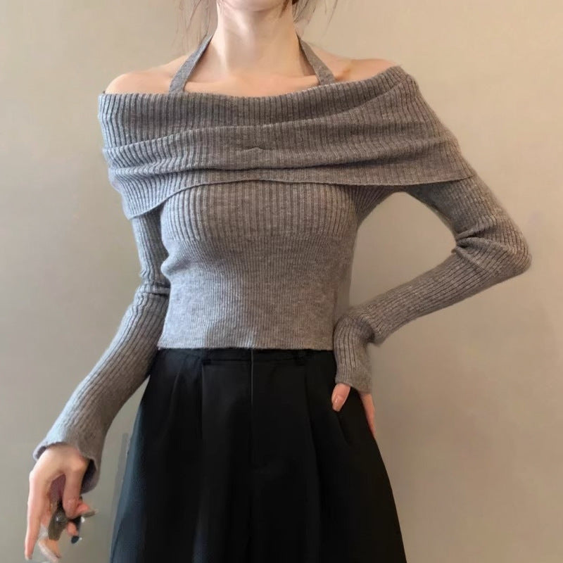 Halterneck knitted one-shoulder long-sleeved off-shoulder cropped sweater