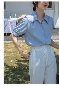 Chiffon V-neck professional-looking interview loose puff-sleeve shirt