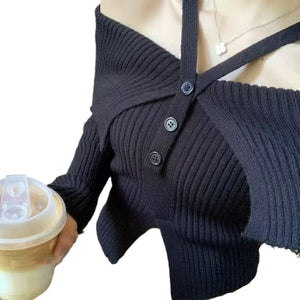 One-shoulder halterneck lapel short knitted long-sleeved top