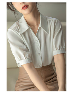 Chiffon V-neck professional-looking interview loose puff-sleeve shirt