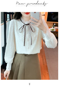 Korean style versatile bow-knot velvet thickened long-sleeved lace shirt