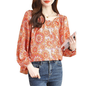 Chiffon round neck French style floral shirt