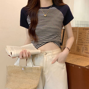 Retro Striped Raglan Cotton Sweet Girl Top