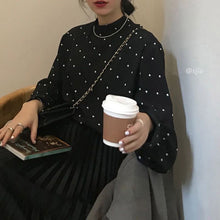 Load image into Gallery viewer, Retro polka dot half turtleneck loose puff sleeves bottoming shirt
