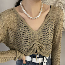 Load image into Gallery viewer, Hollow drawstring V-neck sun protection long-sleeved sweater
